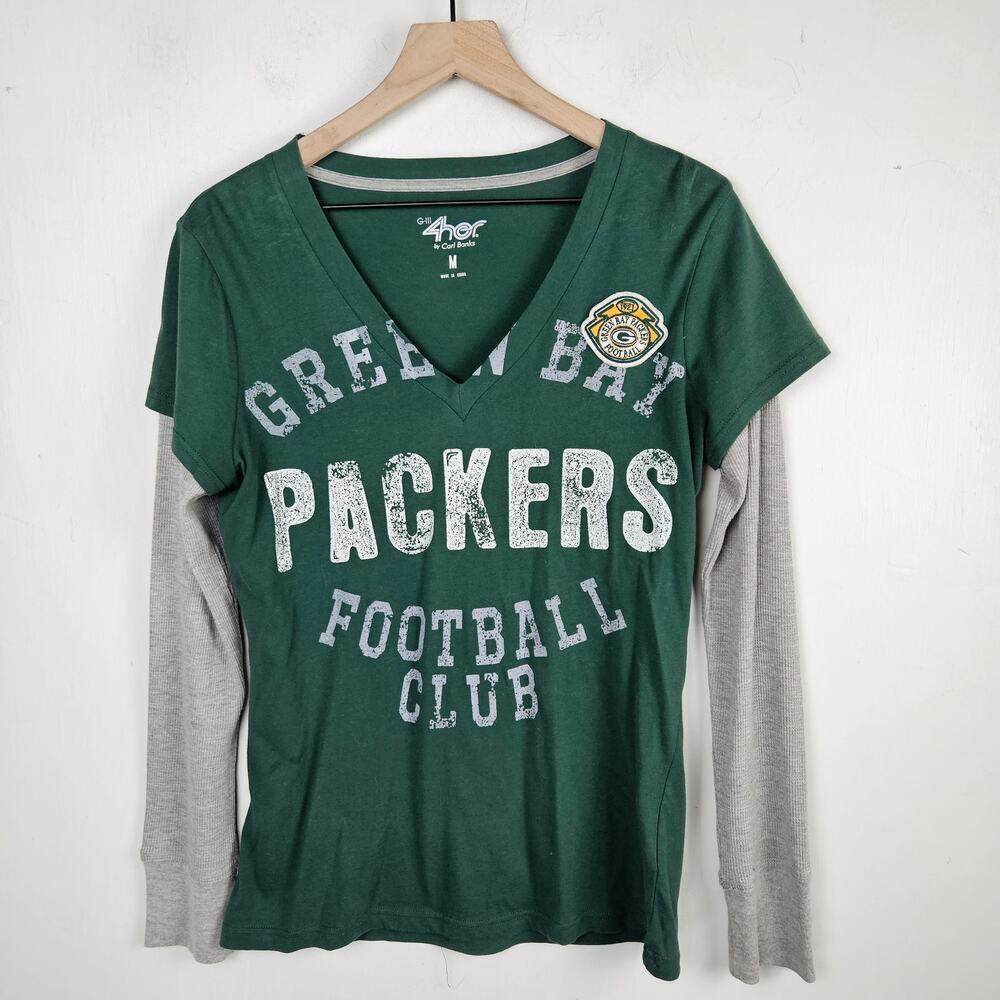 4Her Green Bay Packers Faux Layered Long Sleeve Tee Women's M Grey‎ Thermal